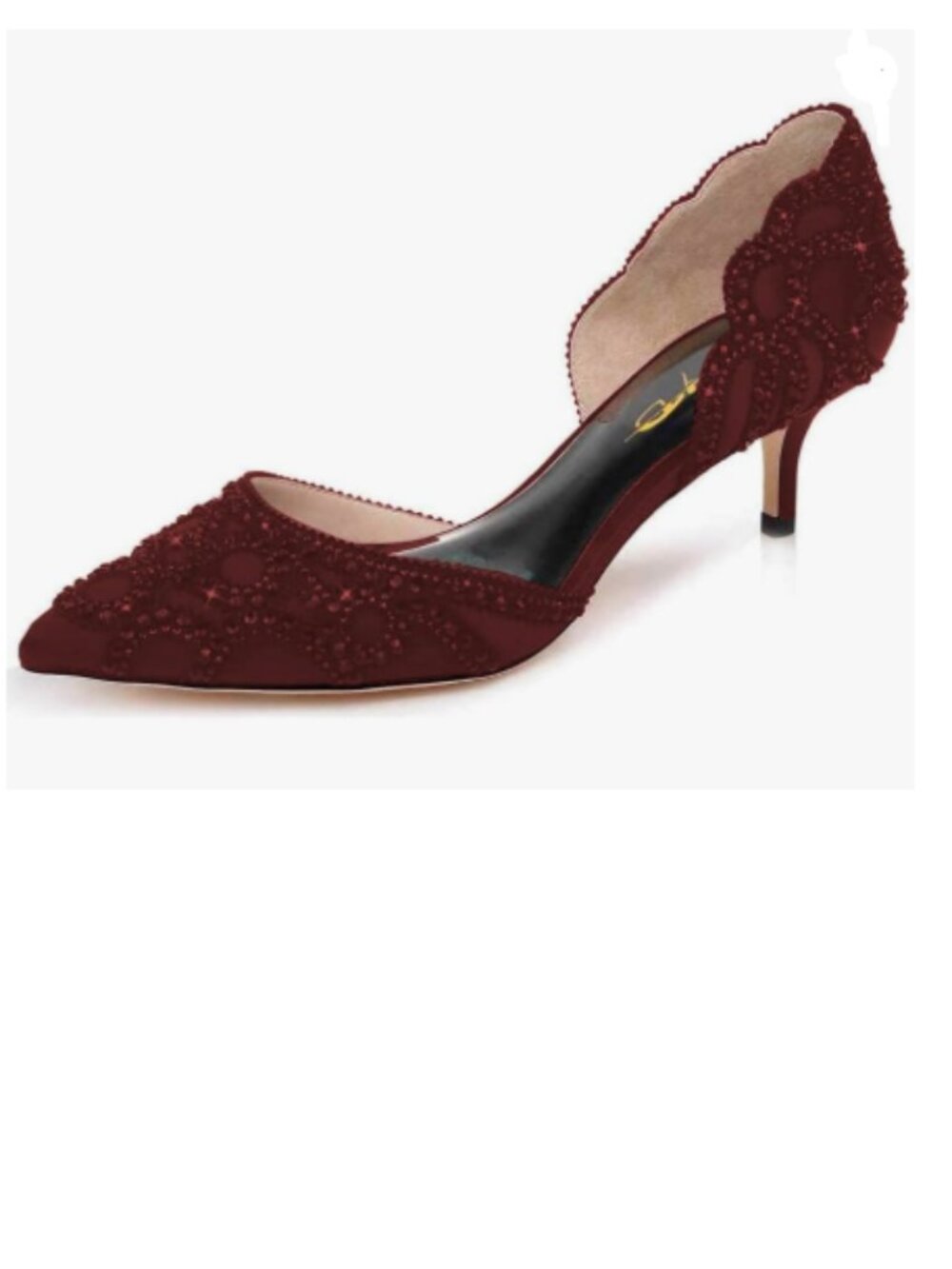 XYD Burgundy Pumps Pointed Toe D'Orsay Kitten Heel Rhinestone Studs Slip-On Shoe